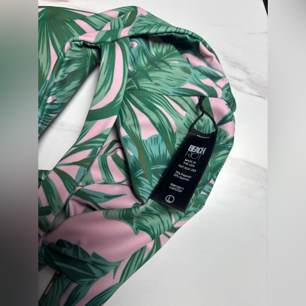Beach Riot Tropical Leaf Cutout Bikini Workout Top in Green and Pink - Picture 4 of 5